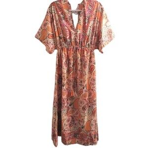 Jessica Taylor Silk Blend Paisley Boho Maxi Dress Cinched Waist Tassel OS NWT